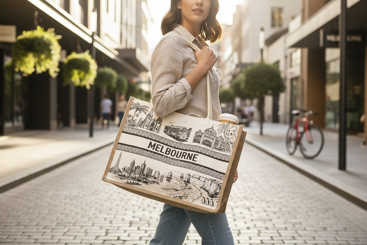 Melbourne Souvenir Jute Tote Bag – Illustrated Landmarks Canvas Shopping Bag