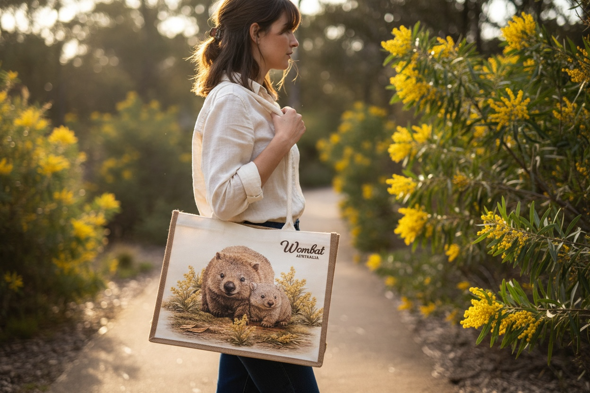 Wombat & Baby Jute Tote Bag – Large Australian Wildlife Canvas Shopping Bag, 40cm