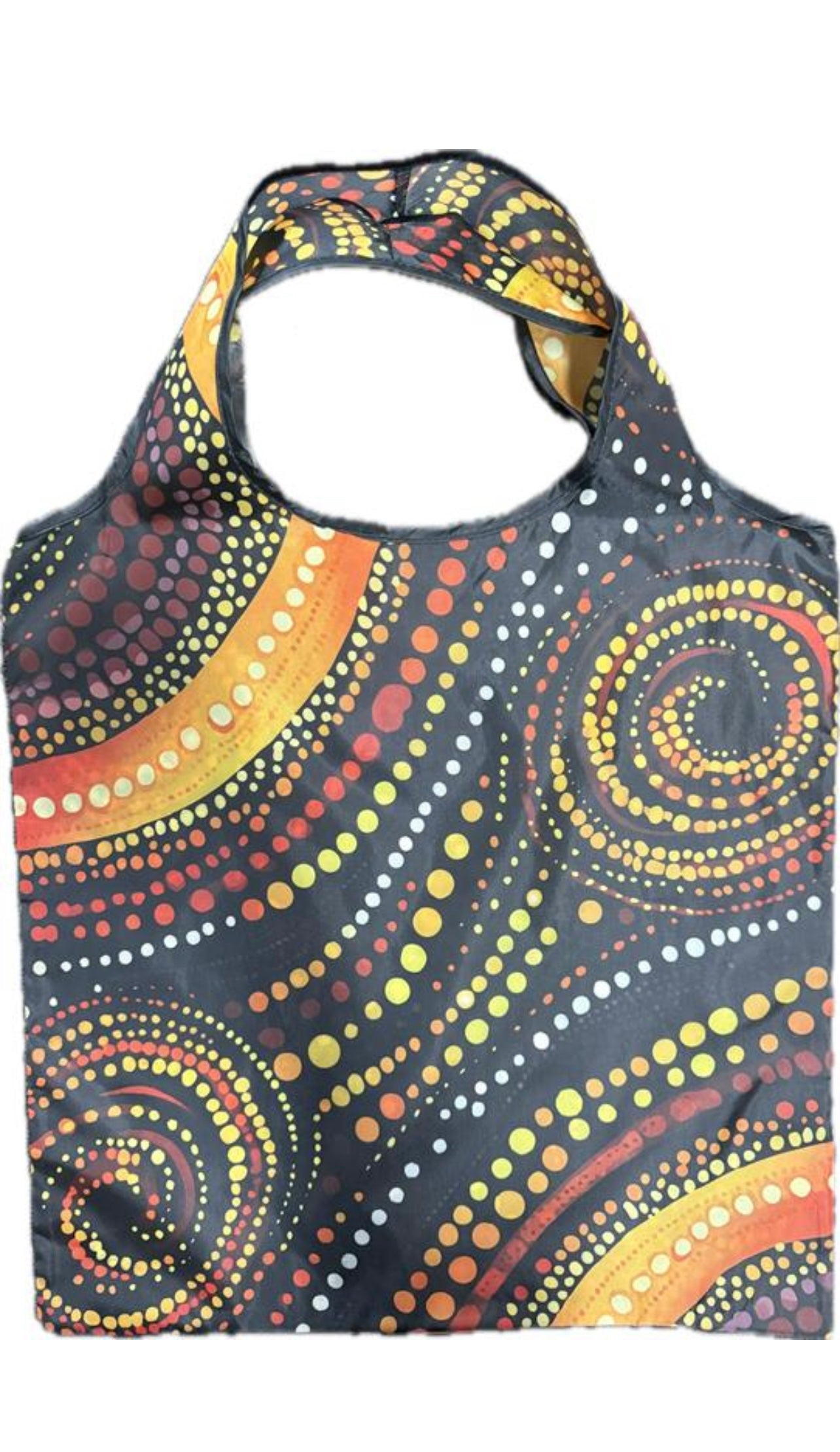 Australian Dot-Art Foldable Shopping Bag – Reusable Compact Tote | Dark Grey Spiral Print