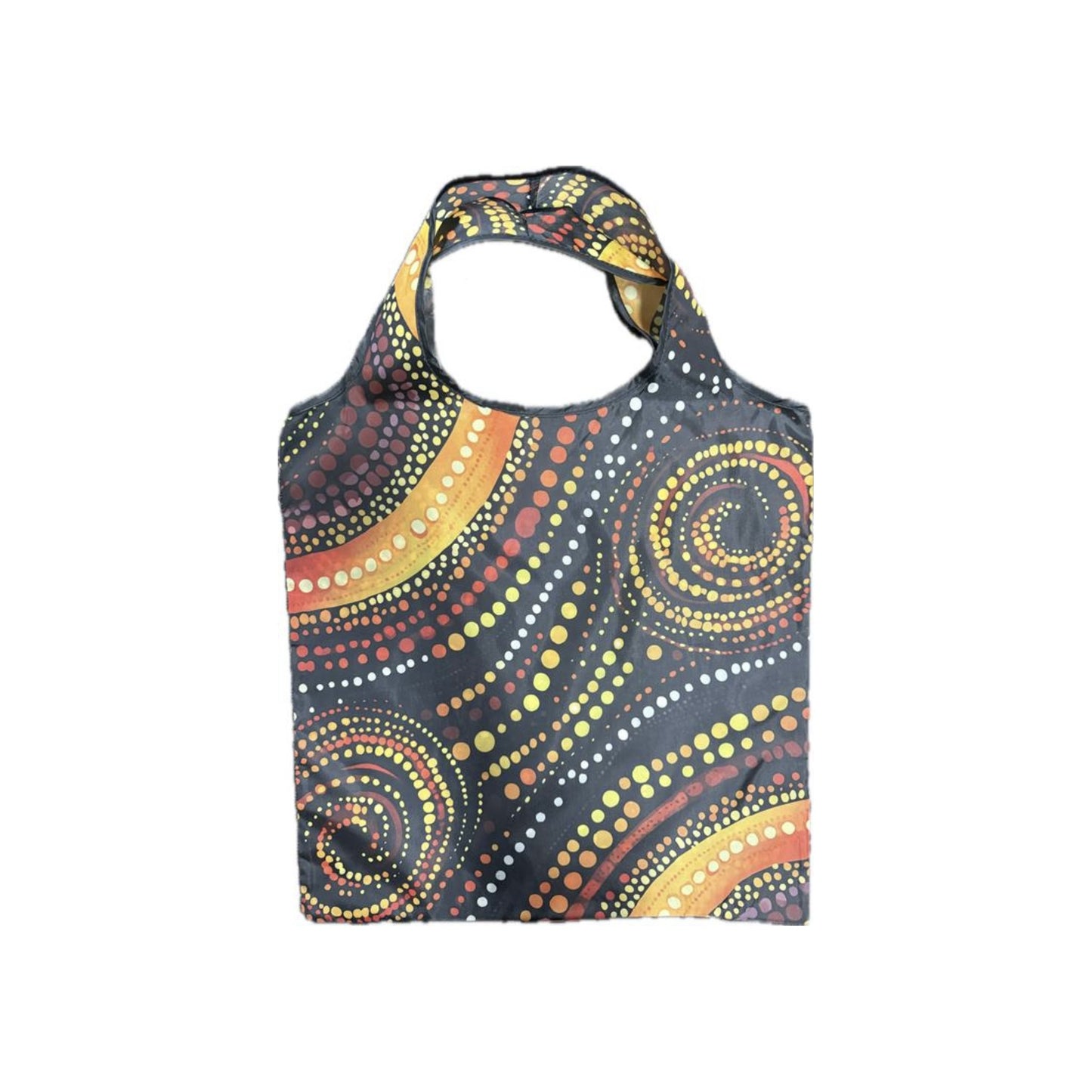 Australian Dot-Art Foldable Shopping Bag – Reusable Compact Tote | Dark Grey Spiral Print