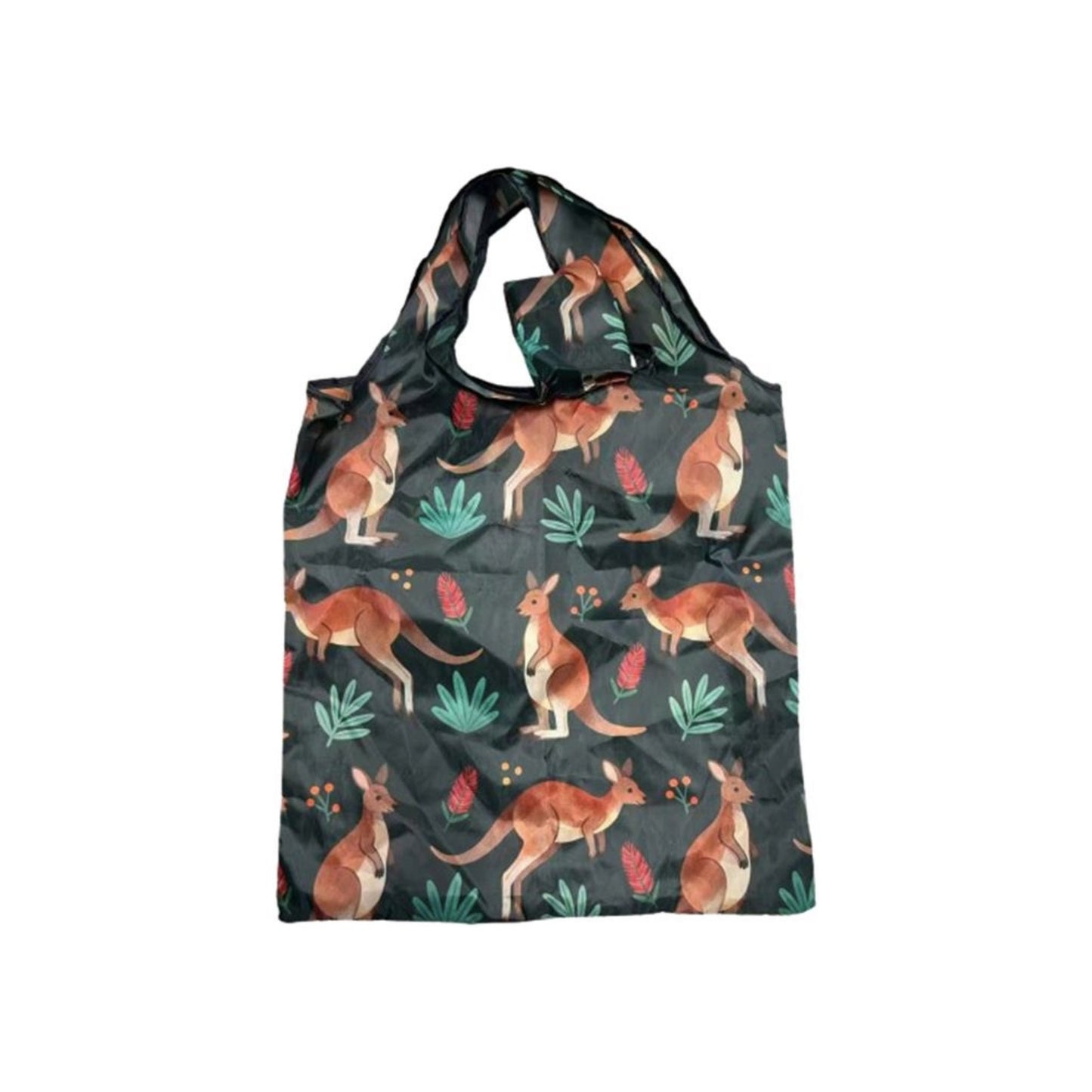 Kangaroo Foldable Shopping Bag – Reusable Compact Tote | Watercolour All-Over Print on Dark Green