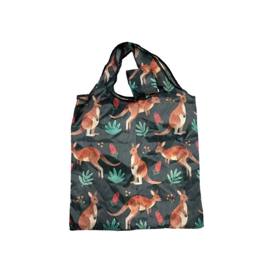 Kangaroo Foldable Shopping Bag – Reusable Compact Tote | Watercolour All-Over Print on Dark Green