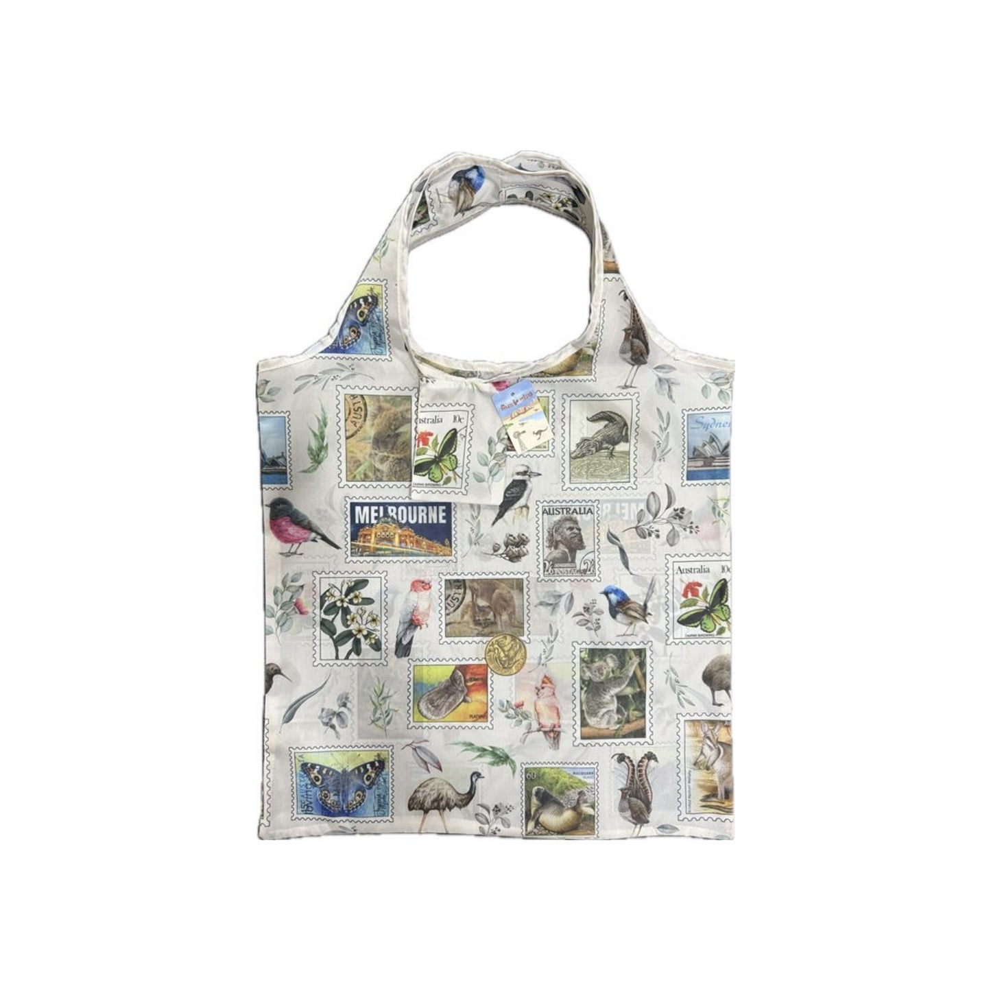Australian Postage Stamp Foldable Shopping Bag – Reusable Compact Tote | Vintage Wildlife & Landmarks Print