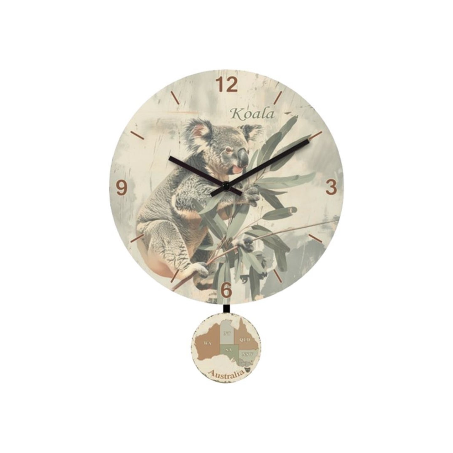 Australia Koala Pendulum Wall Clock – 23cm Round Souvenir Wall Clock | Australia Map Pendulum