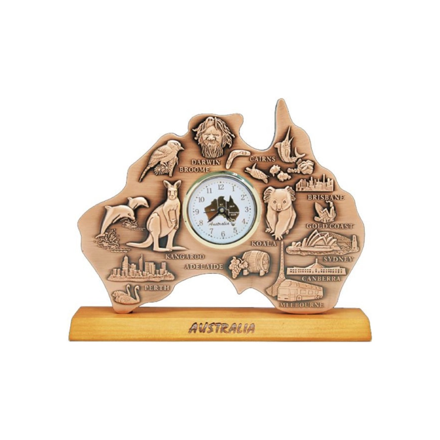 Australia Map Desk Clock – Antique Copper Landmark & Wildlife Souvenir | Wooden Base Display Clock