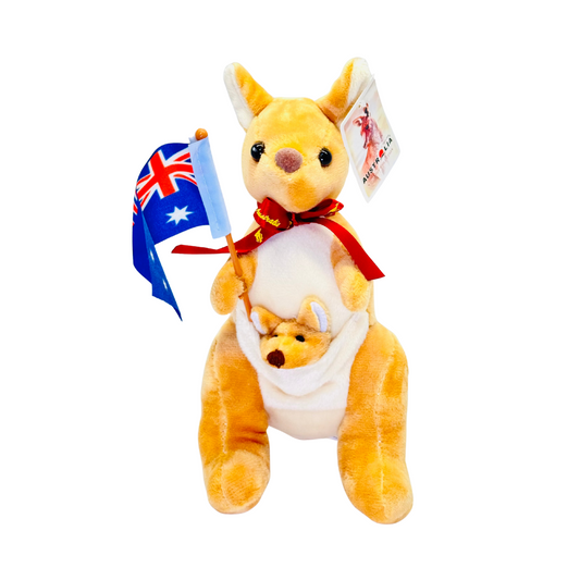 Plush Kangaroo – 20cm with Joey, Ribbon & Holding Australia Flag