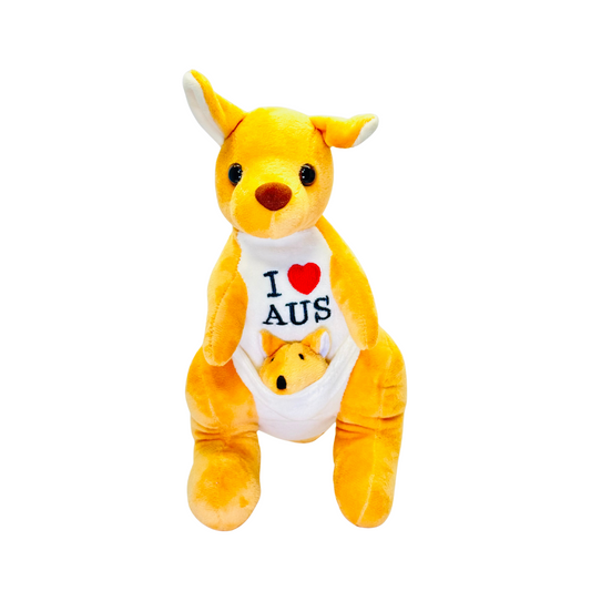 Plush Kangaroo – 28cm with Joey & Embroidered “I ❤️ AUS”