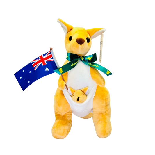 Plush Kangaroo – 28cm with Joey, Ribbon & Holding Australia Flag