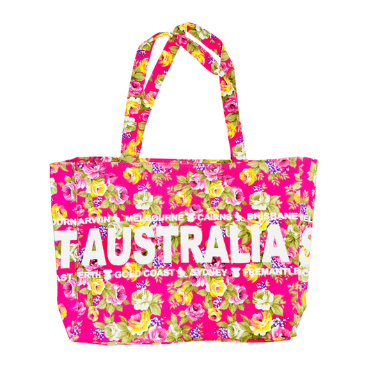Floral Canvas Tote Bag – Australia Print (Bright Fuchsia Colourway, 100% Cotton)
