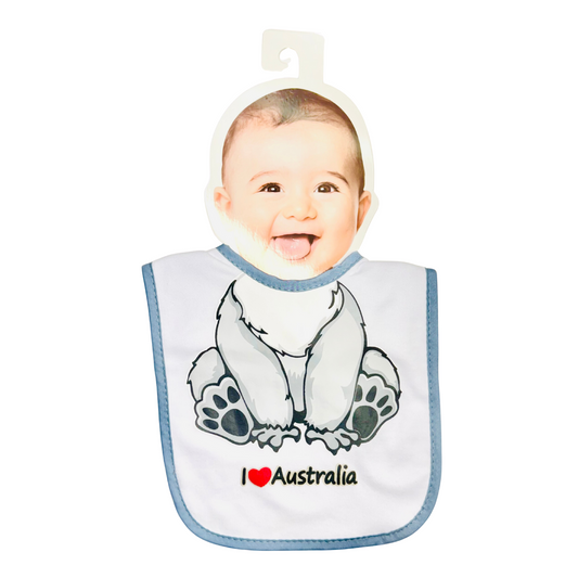 Baby Bib – Grey Koala Design with "I ❤️ Australia"