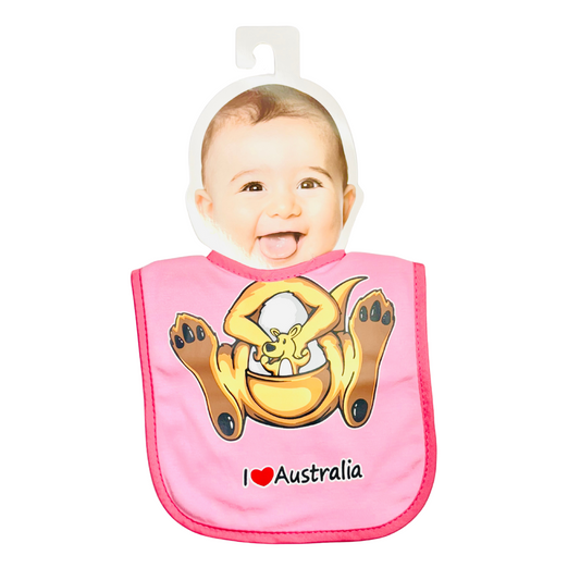 Baby Bib – Pink Kangaroo Design with "I ❤️ Australia"