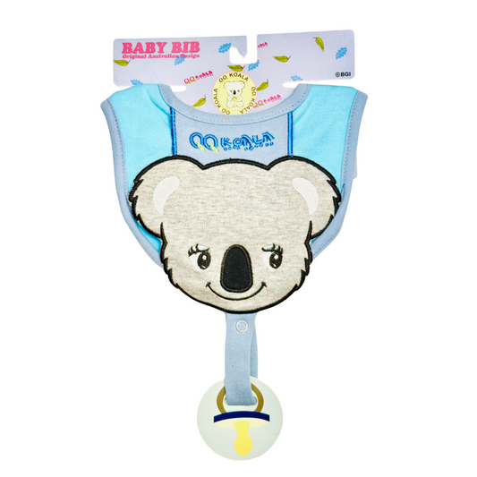 Baby Bib – Blue Koala Design with Pacifier Holder Strap