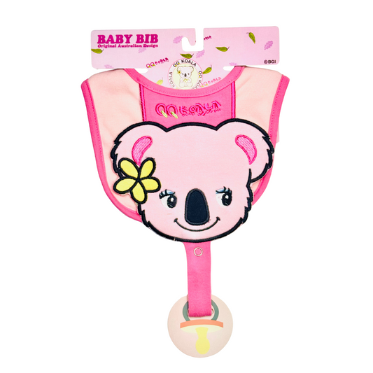 Baby Bib – Pink Koala Design with Pacifier Holder Strap