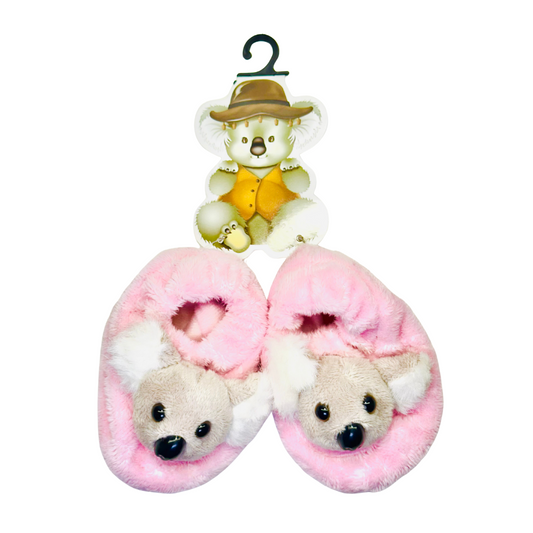 Baby Booties – Pink Plush with Koala Face Design (6–12 Months)