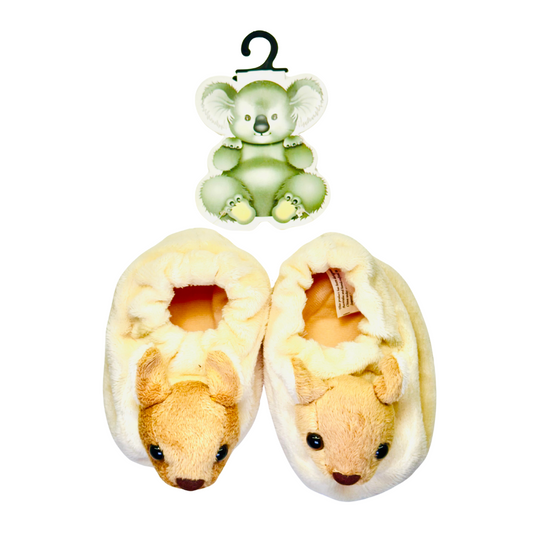 Baby Booties – Yellow Plush with Kangaroo Face Design (6–12 Months)