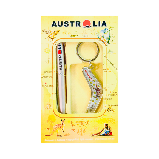 Australia Gift Set – Pen & Silver Boomerang Keyring (Aboriginal Design)