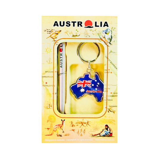 Australia Boxed Gift Set – Pen & Map-Shaped Keyring (Flag Design)