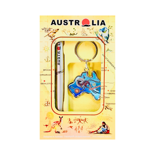 Australia Boxed Gift Set – Pen & Map-Shaped Keyring (Blue Aboriginal Design)