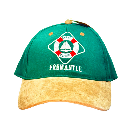 Fremantle Western Australia Cap – Green Cotton Hat with Suede Peak and Embroidered Sailing Design