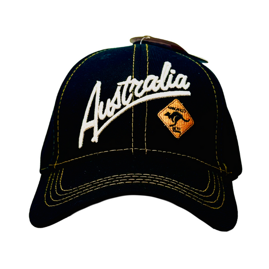 Australia Embroidered Kangaroo Road Sign Cap – Black Adjustable Baseball Hat