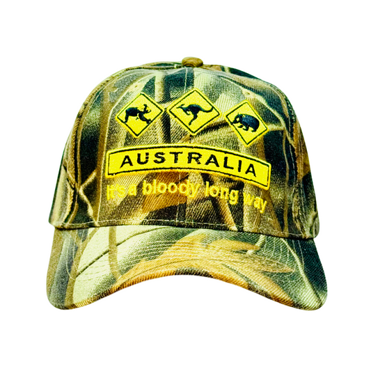 Australia Camo Souvenir Cap – “It’s a Bloody Long Way” Adjustable Hat with Wildlife Signs