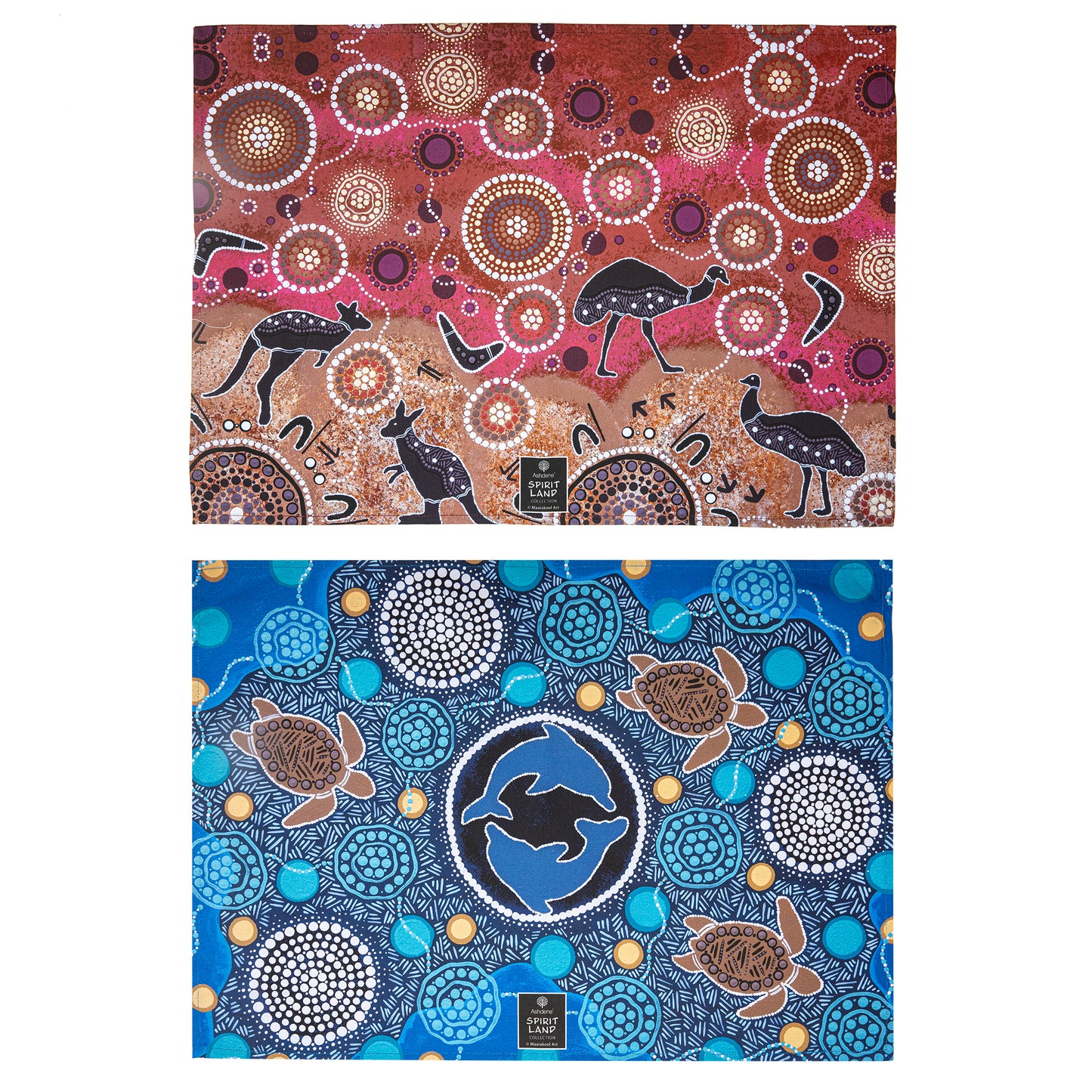 Aboriginal Art Tea Towel Set of 2 – Hunting at Sunset & Harmony in the Waters by Mel Spillman