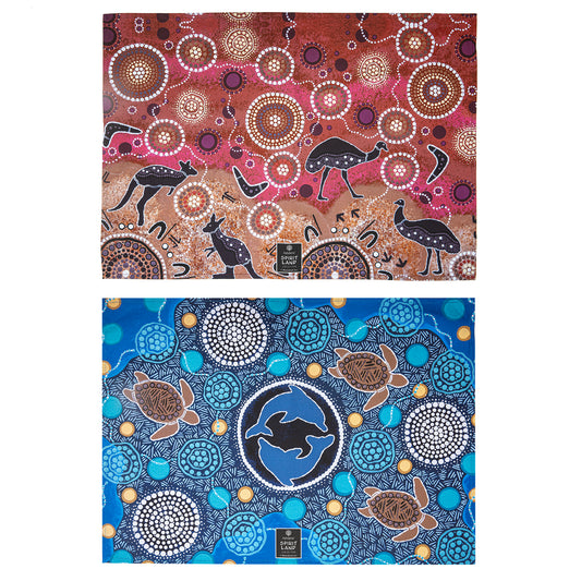 Aboriginal Art Tea Towel Set of 2 – Hunting at Sunset & Harmony in the Waters by Mel Spillman