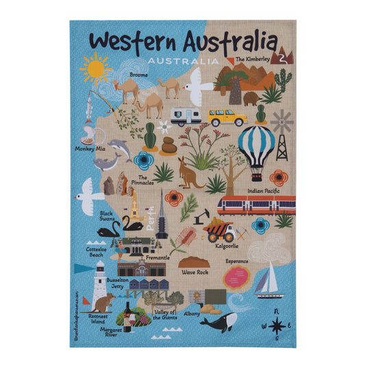 Ashdene Land Down Under Western Australia Map Tea Towel - Australian Souvenir Kitchen Towel