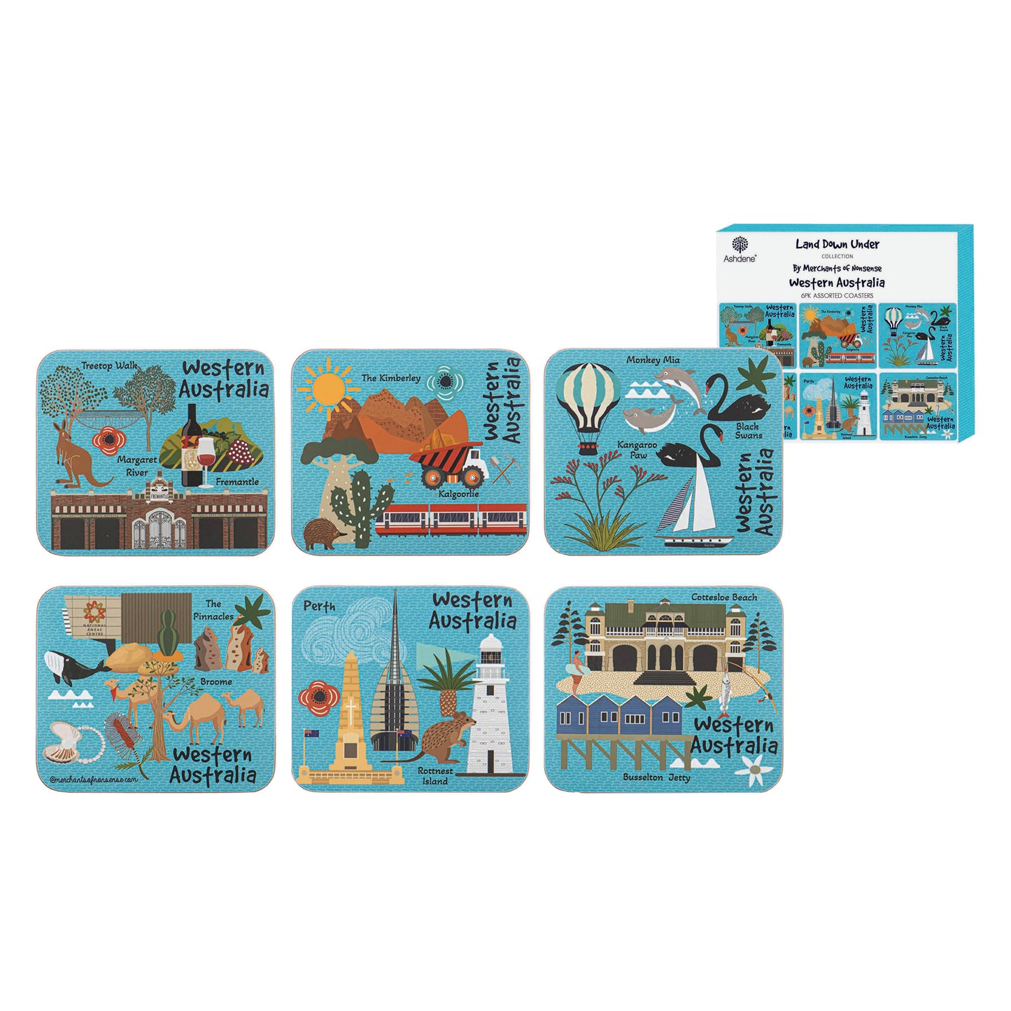 Ashdene Land Down Under – Western Australia Coaster Set of 6 | WA Icons Illustrated Coasters | Australian Souvenir Gift