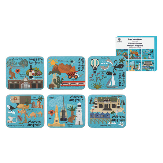 Ashdene Land Down Under – Western Australia Coaster Set of 6 | WA Icons Illustrated Coasters | Australian Souvenir Gift