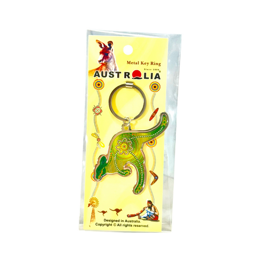 Metal Kangaroo Keyring – Green Aboriginal Motif Design
