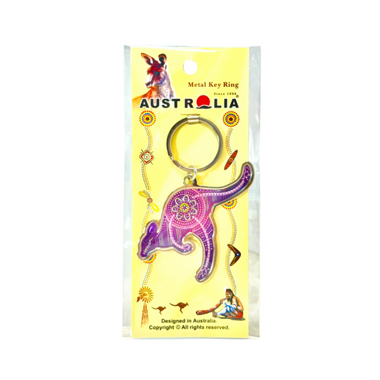 Metal Kangaroo Keyring – Purple Aboriginal Motif Design