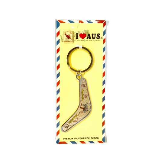 Metal Boomerang Keyring – Brown Aboriginal Motif Design