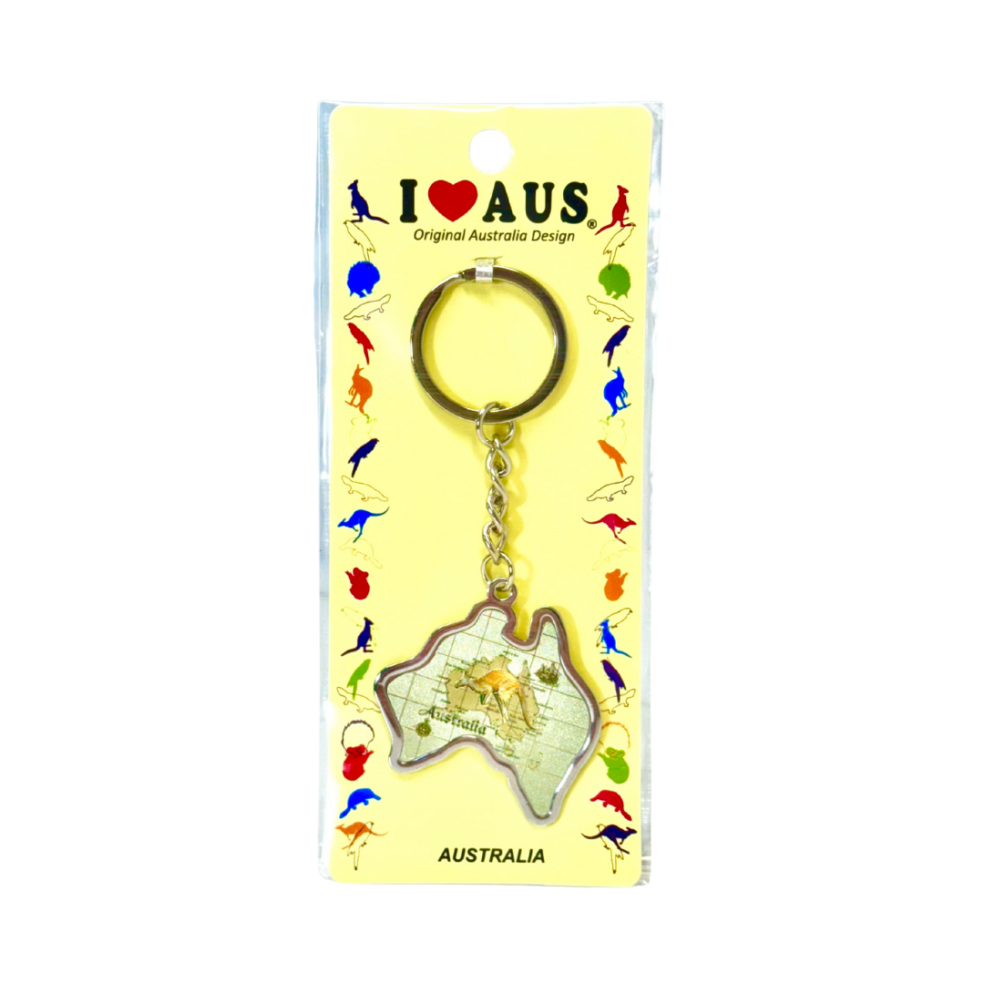 Metal Keyring – Australia Map Shape with Map Design – Megabes Souvenirs