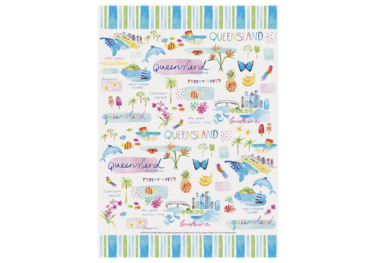 Ashdene Queensland Tea Towel – Illustrated Australia Souvenir