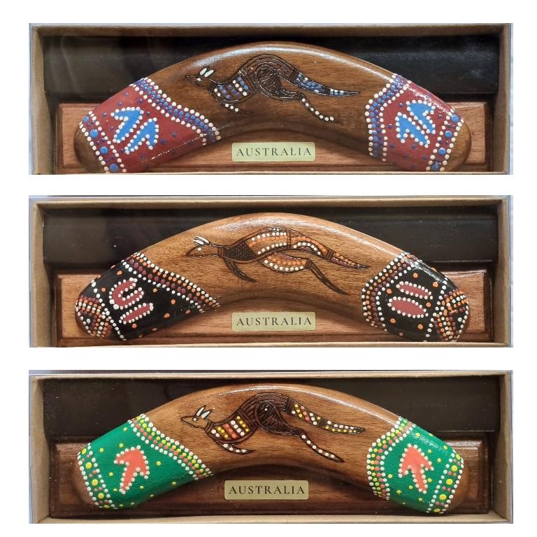 Australian Kangaroo Boomerang – Hand-Painted Wooden Boomerang with Display Stand, 8"