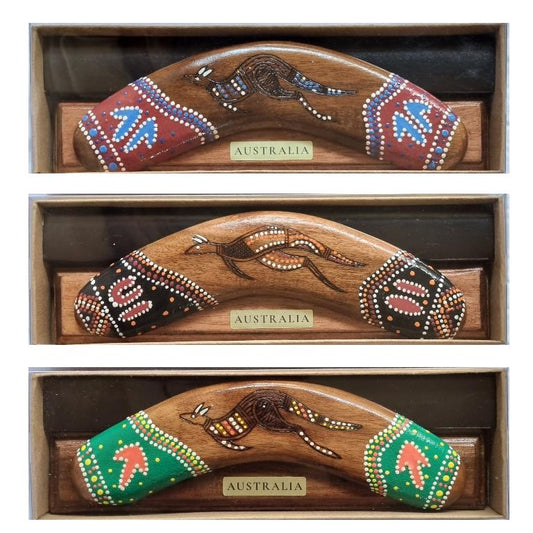 Australian Kangaroo Boomerang – Hand-Painted Wooden Boomerang with Display Stand, 8"