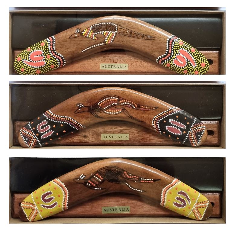 Australian Kangaroo Boomerang – Hand-Painted Wooden Boomerang with Display Stand, 12"