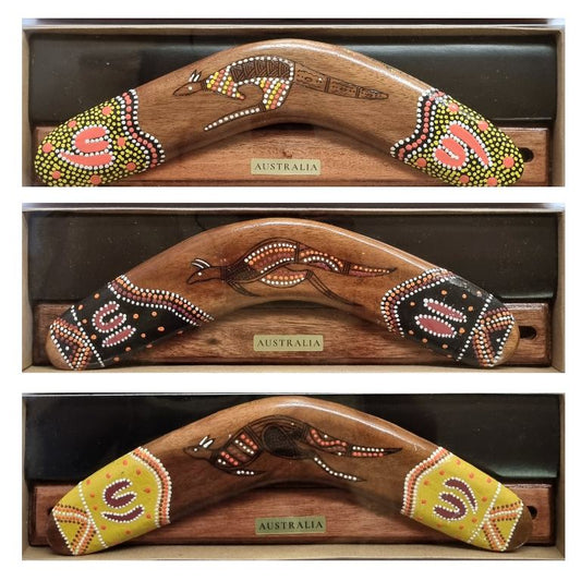 Australian Kangaroo Boomerang – Hand-Painted Wooden Boomerang with Display Stand, 12"