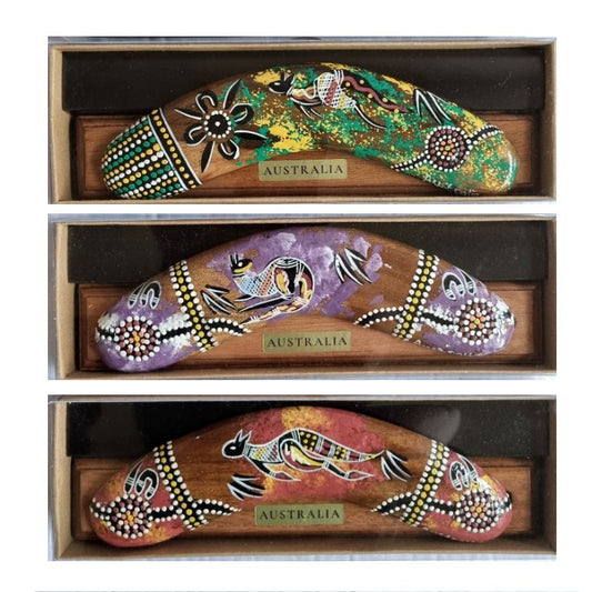 Australian Kangaroo Boomerang – Hand-Painted Dot Art Boomerang with Display Stand, 8"
