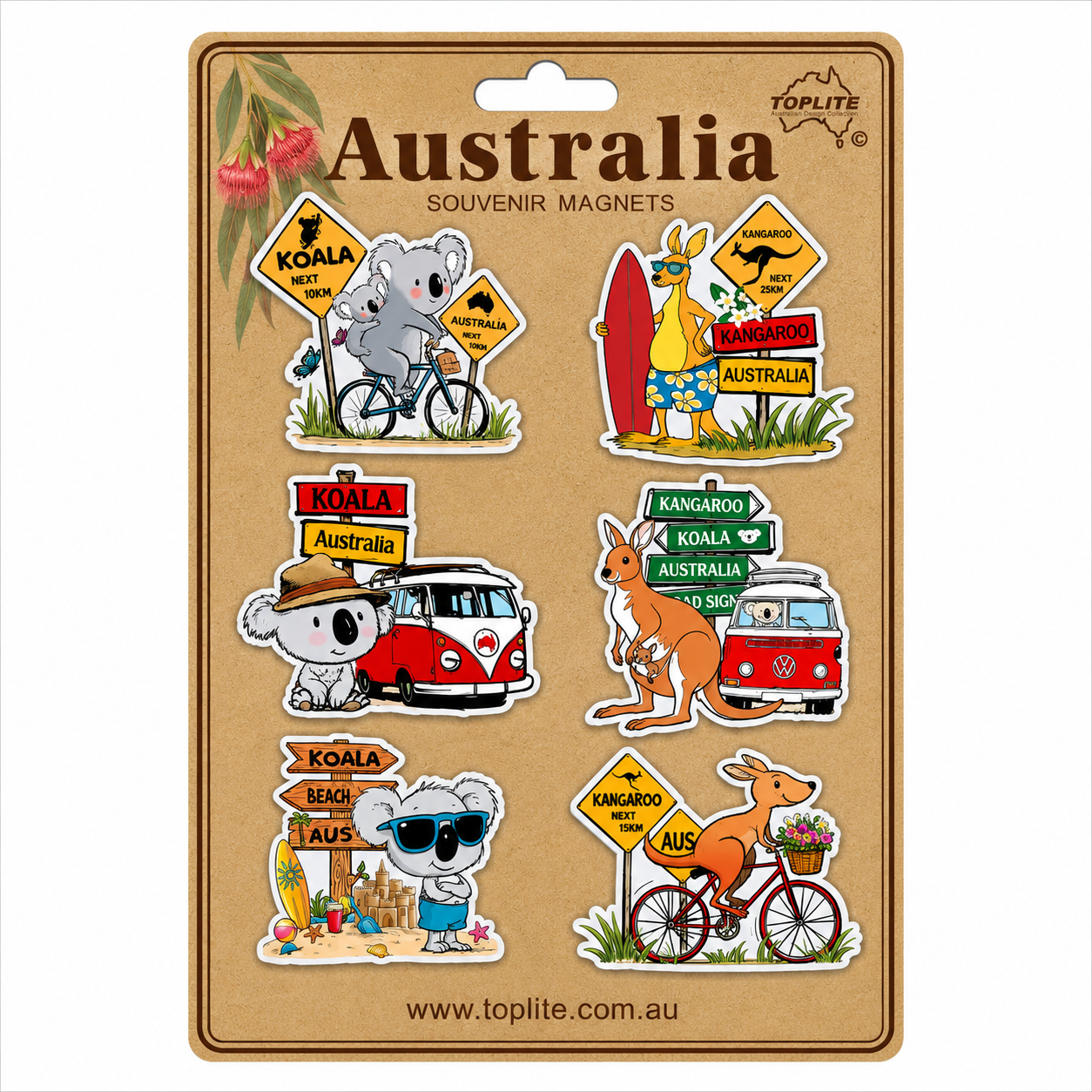 Australia Souvenir Fridge Magnet Set – Koala & Kangaroo Road Trip Designs (6 Pack)