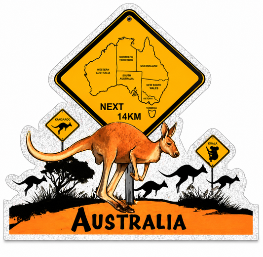 Australia Road Sign Fridge Magnet – Kangaroo, Koala & State Map Souvenir | Die-Cut Metallic Magnet