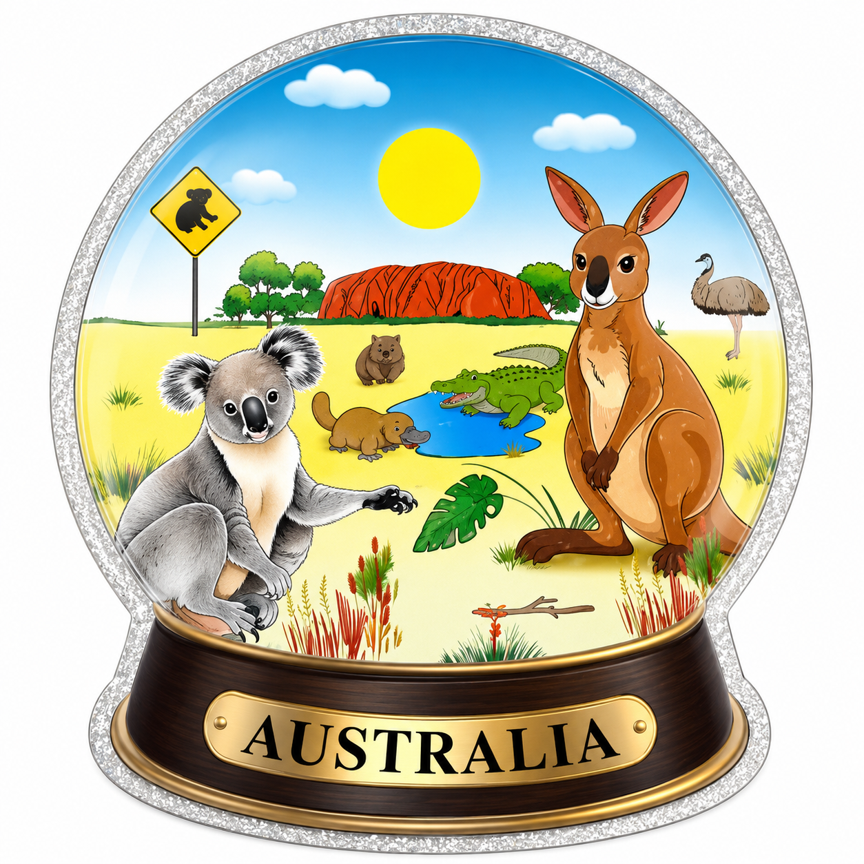 Australia Snow Globe Fridge Magnet – Kangaroo, Koala, Uluru & Wildlife Scene | Die-Cut Metallic Magnet