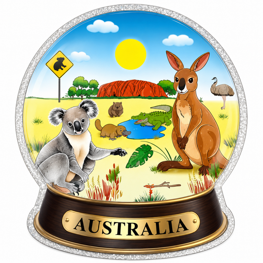Australia Snow Globe Fridge Magnet – Kangaroo, Koala, Uluru & Wildlife Scene | Die-Cut Metallic Magnet