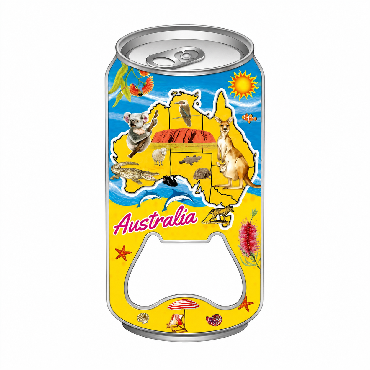 Australia Magnetic Bottle Opener – Drink Can Design with Map, Kangaroo, Koala & Uluru Souvenir