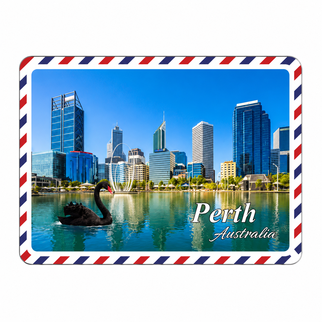 Perth Australia Postcard Fridge Magnet – Elizabeth Quay Skyline & Black Swan | Airmail Border Design
