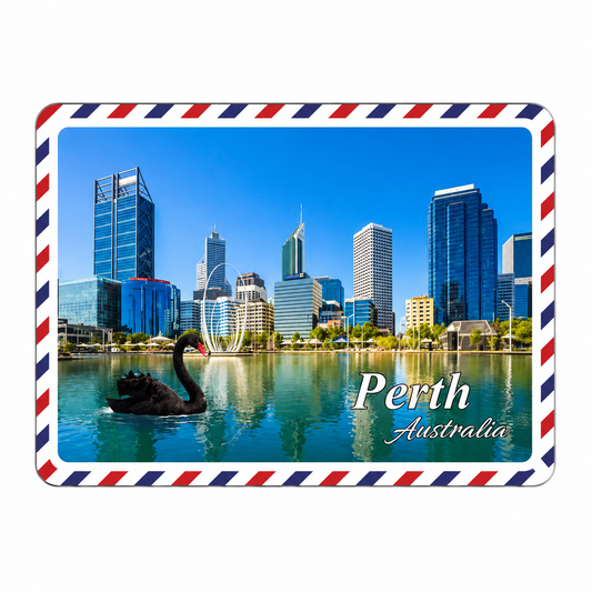 Perth Australia Postcard Fridge Magnet – Elizabeth Quay Skyline & Black Swan | Airmail Border Design