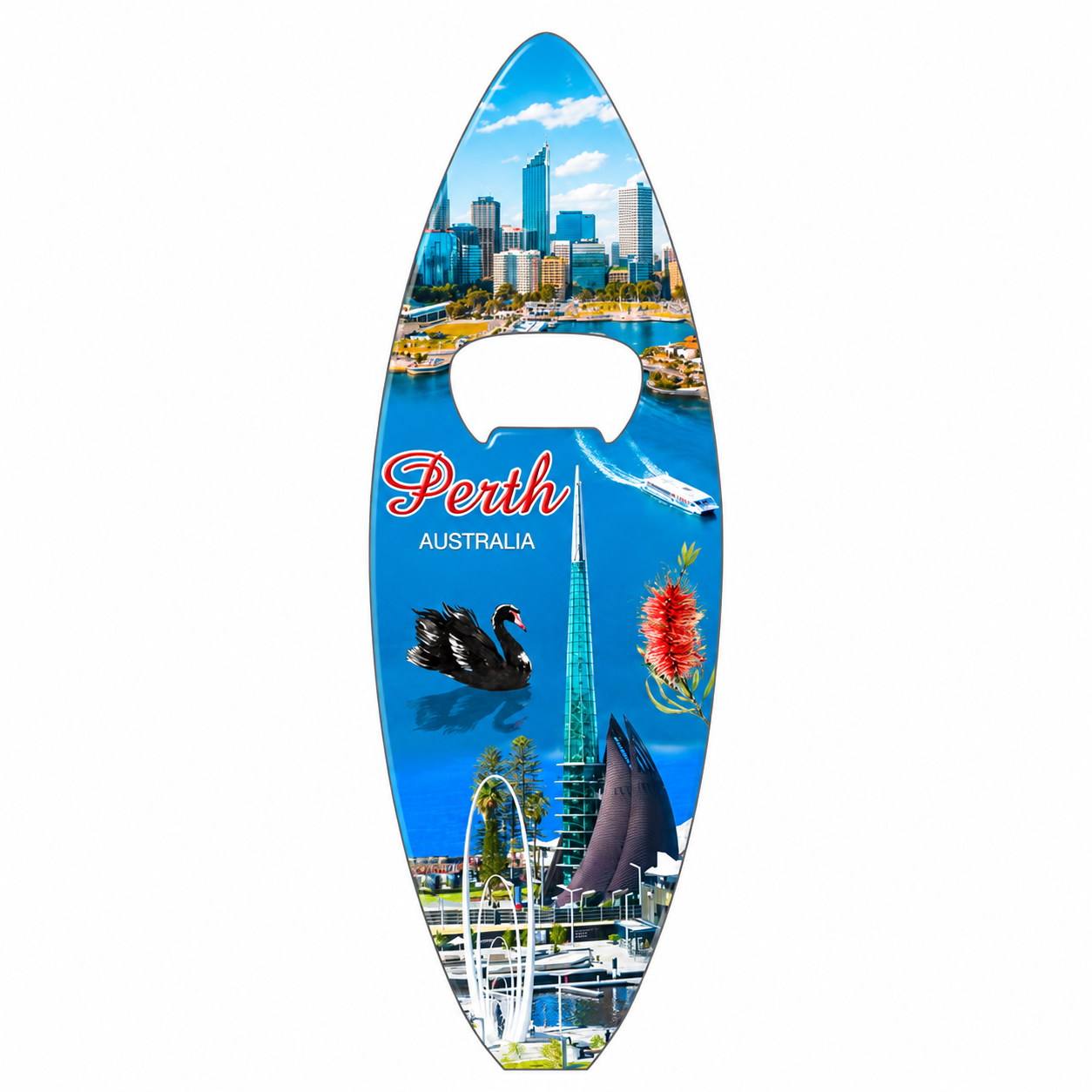 Perth Surfboard Magnetic Bottle Opener – Elizabeth Quay, Bell Tower & Black Swan Souvenir