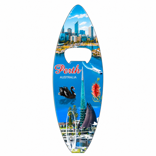 Perth Surfboard Magnetic Bottle Opener – Elizabeth Quay, Bell Tower & Black Swan Souvenir