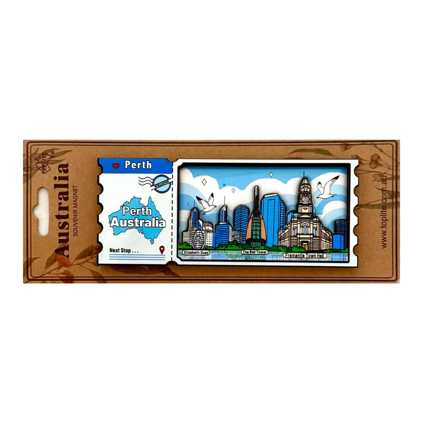 Perth Australia Souvenir Fridge Magnet – Travel Ticket Design | Skyline & Landmarks Magnet